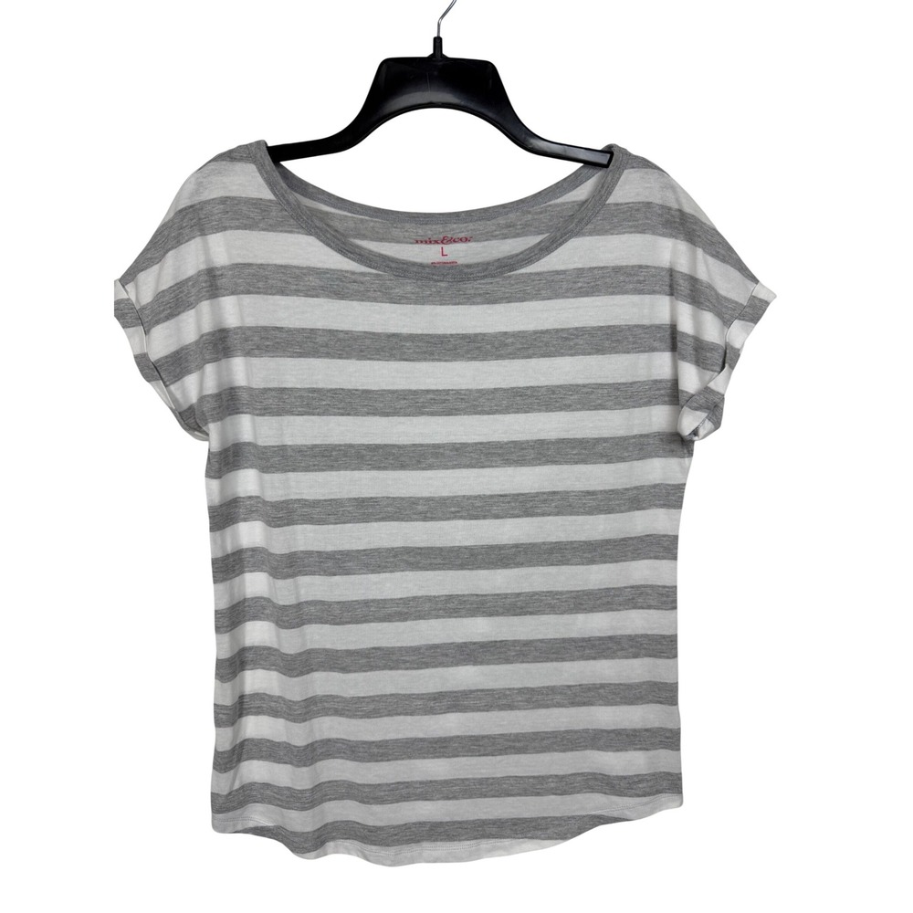 Mix & Co Striped T-Shirt Women Large Grey White Cuffed Dolman Sleeve Scoop Neck‎